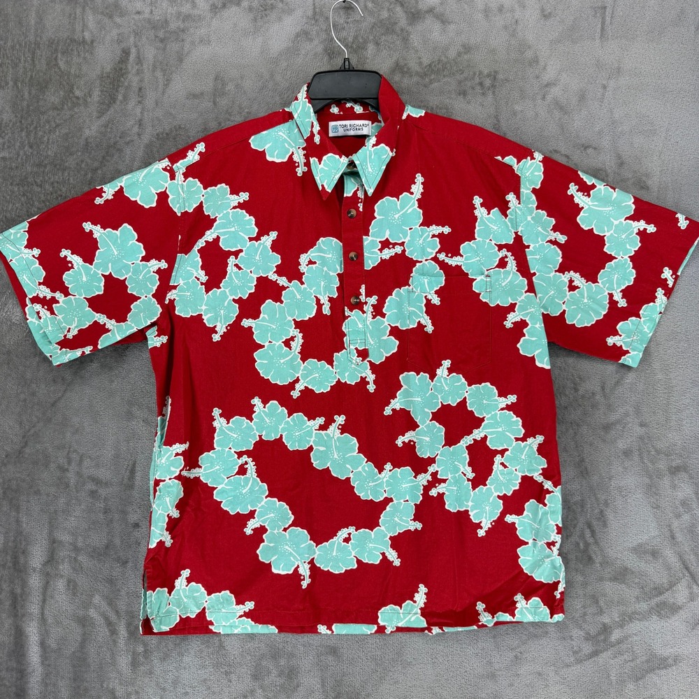 Tori Richard Uniforms Mens XL Red Teal Hibiscus Floral Hawaiian Popover Shirt